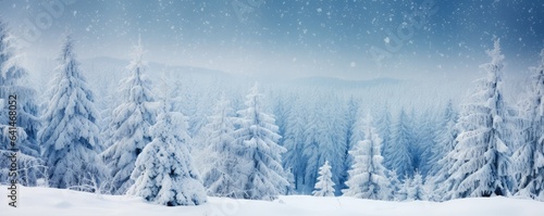 Winter panoramic background with snow-covered fir branch