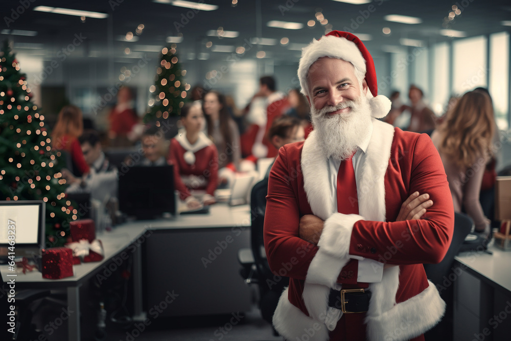 Gentle, kind and smiling Santa Claus with official red suit stand in the busy office which decorated by christmas decoration in front of crowd of employees during christmas time. - obrazy, fototapety, plakaty 