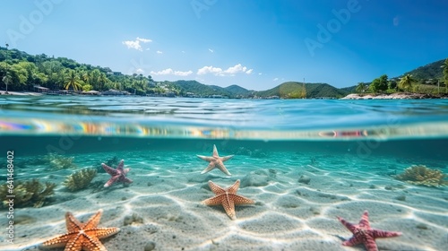 Fototapeta Naklejka Na Ścianę i Meble -  Split image above and below the sea surface. Tropical islands and blue skies on the horizon. Starfish lie on the sand under clear water. Underwater world. Illustration for cover, card, interior design
