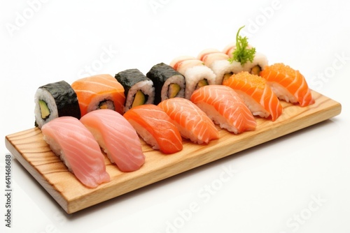 Asian traditional food . Nigiri sushi on a plate with salmon , norri, avocado and different types of fish, delicious dinner 