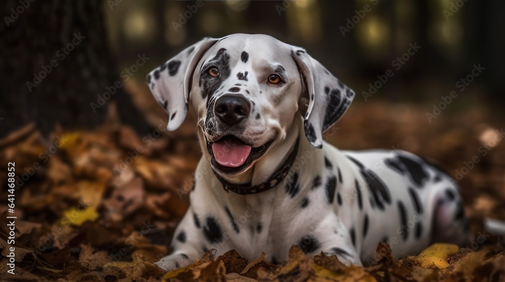 Dalmatian dog lying in the autumn leaves in the forest