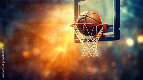 The basketball hit the hoop. The concept of success and scoring in a team game. Design for sports club, competition or training. Illustration for banner, poster, cover, brochure or presentation. © Login