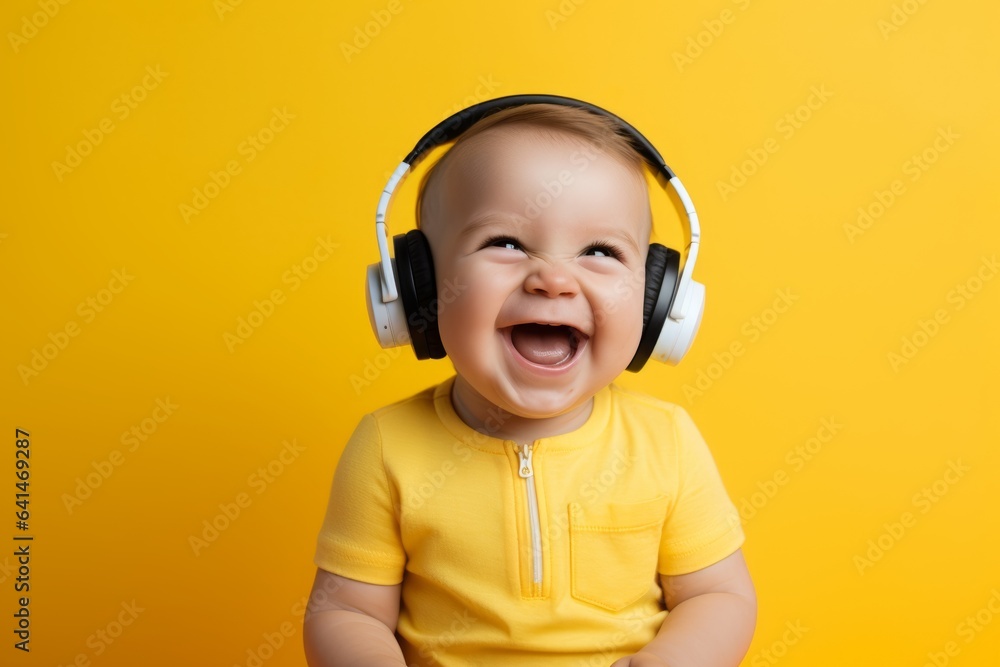 Small child with headphones isolated on solid background Small child with headphones isolated on solid background