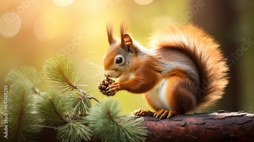 Squirrel eating pine cone on branch in tree. Nature background. Illustration for cover, card, postcard, interior design, decor or print. © Login