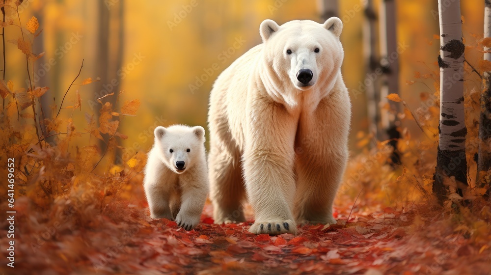 Fototapeta premium Polar bear in the autumn picturesque forest