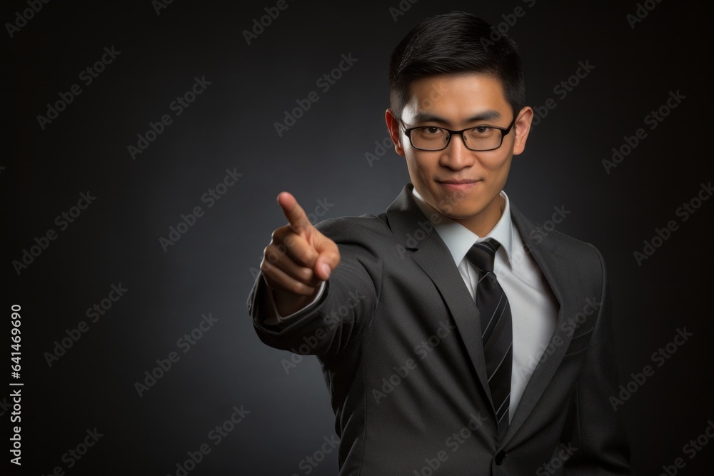 Asian businessman pointing his finger at the viewer