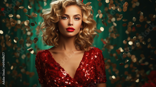 Generative AI, beautiful european blonde girl with luxurious curls in a red shiny evening dress on a dark background, happy new year, christmas, celebration, party, elegant woman, amazing lady