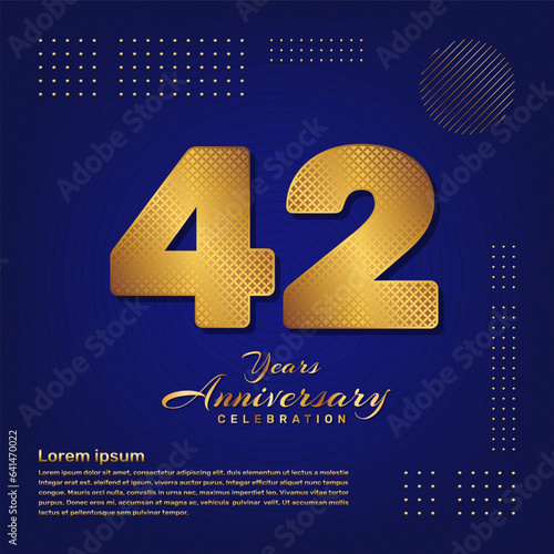 42th anniversary celebration template design with a golden pattern number style isolated on a blue background, vector template photo