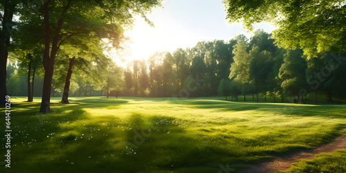 Beautiful warm summer widescreen natural landscape of park with a glade of fresh grass lit by sun