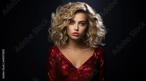 Generative AI, beautiful european blonde girl with luxurious curls in a red shiny evening dress on a dark background, happy new year, christmas, celebration, party, elegant woman, amazing lady
