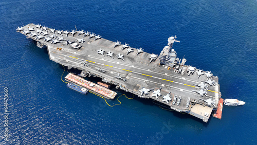 Fotografia Aerial drone photo of latest technology American flag nuclear aircraft carrier U