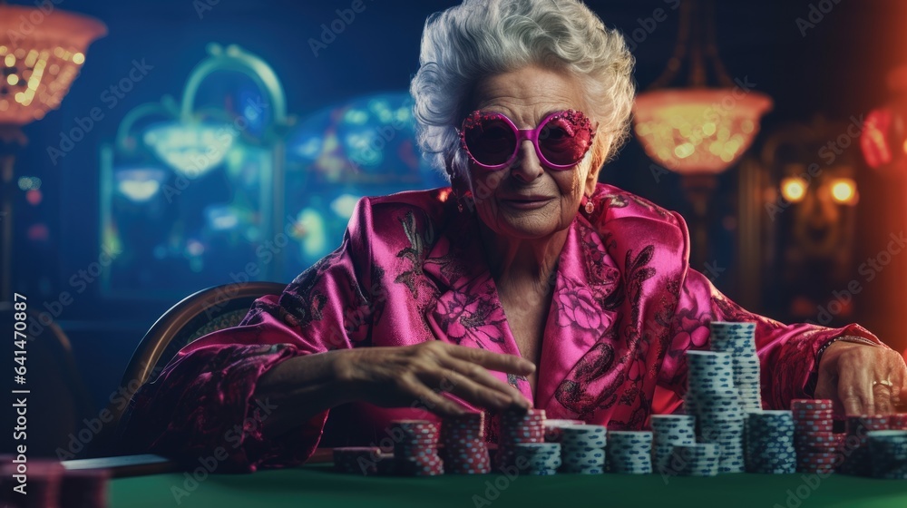 Elderly woman addicted to gambling  is sitting at the poker table with poker face. Generative AI