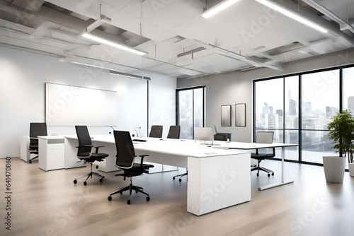 A contemporary executive office with clean lines and high ceilings  featuring a white empty canvas frame for a mockup as a focal point. 