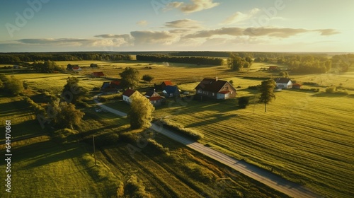 Drone Photography, flying over a serene and peaceful countryside, a patchwork of fields and meadows, farmhouses dotting the landscape, a scene that embodies the charm of rural living