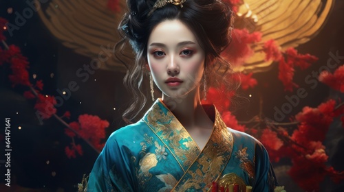 Image of beautiful young geisha woman in traditional japanese kimono. Japan concept