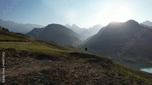 Aerial view of Cathedral Peak in Drakensberg mountains, at the Lesotho border in KwaZulu-Natal province, South Africa