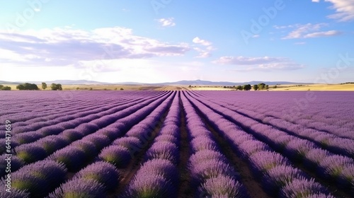 Drone Photography, hovering over a serene lavender field, rows of lavender plants emitting a soothing aroma, a scene that invokes a sense of relaxation and bliss
