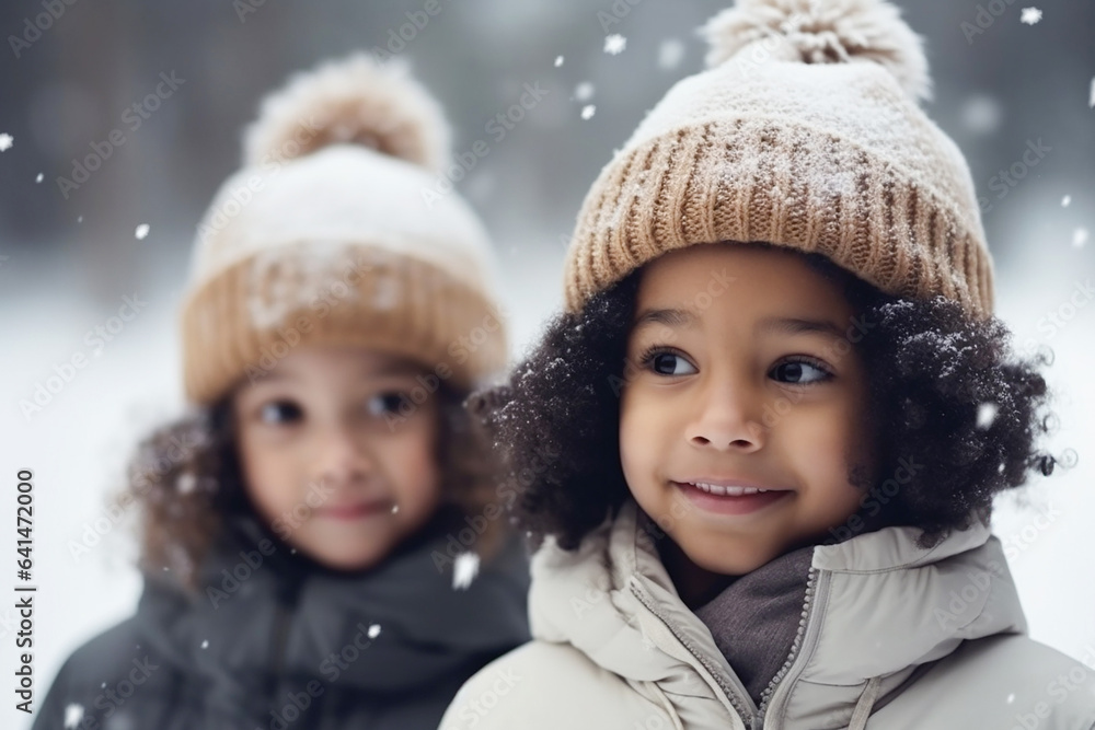 Two afro-american twin girls in winter walking outdoors. Generative AI