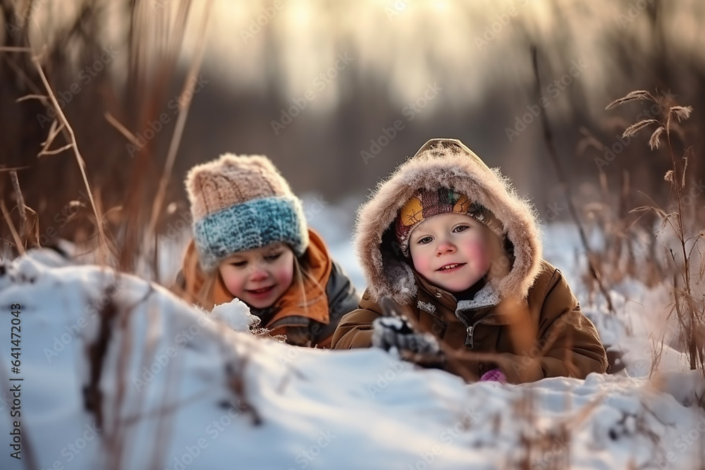 Little kids playing outdoors in winter snow. Generative AI
