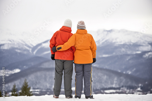 Senior couple admiring view on the winter mountains. Generative AI photo