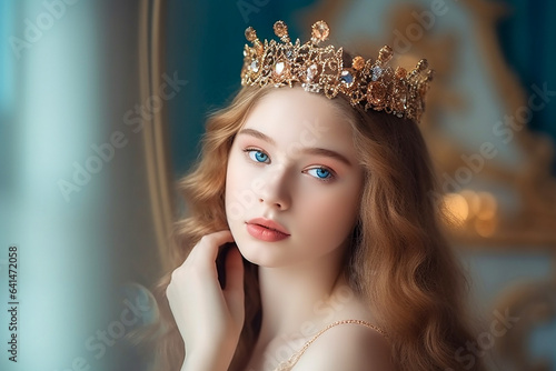 Young beautiful woman posing in a crown. Generative AI