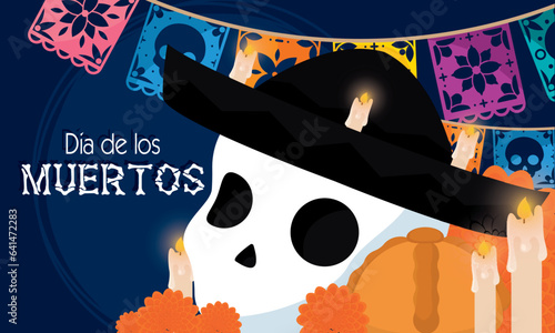 Skeleton with candles and traditional hat Dia de los muertos Vector