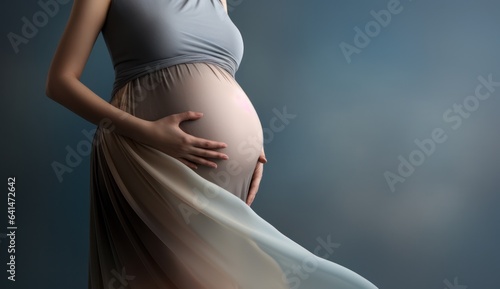 Portrait of young pregnant woman holding hands on her belly. Copy space. Pregnancy, motherhood