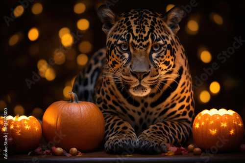 Jaguar sitting near candles and pumpkins