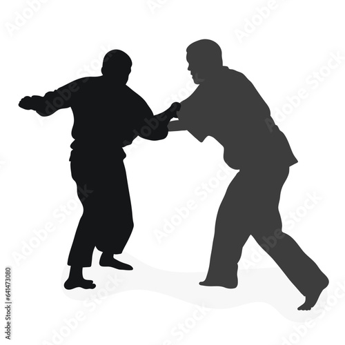 Image silhouette judoka. Judo, martial art, sportsmanship, wrestling, duel, grappling, combating, fighting, struggle