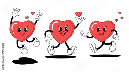 Set cute heart characters in retro style. Cool love mascot sticker, cartoon funny vector illustration. Comic clip art for lovers.