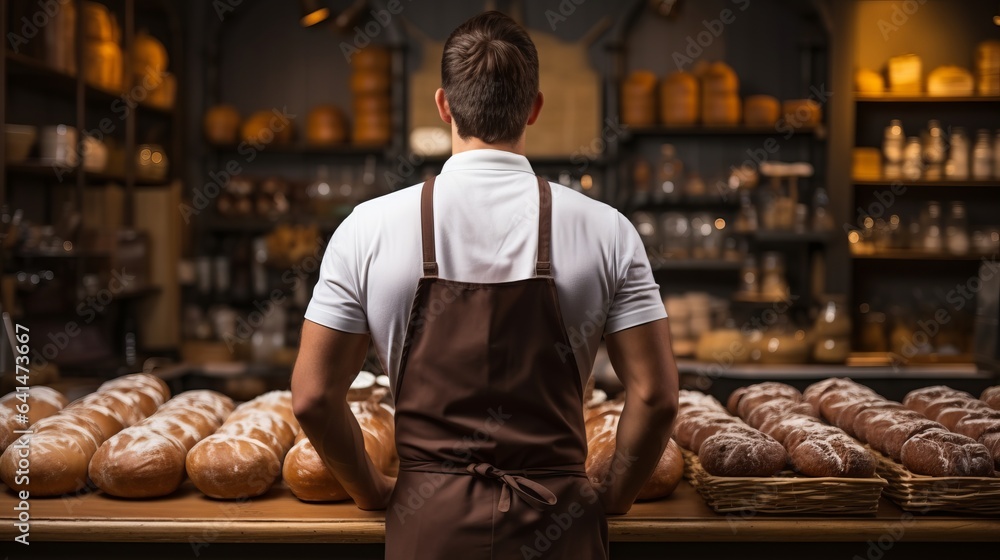 A male baker in uniform in a bakery stands with his back among the shelves with bread and buns for sale. Production of bread and buns.