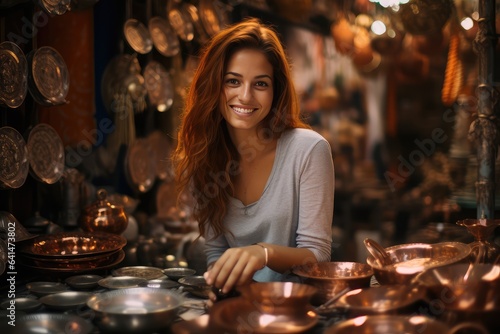 Young traveling woman visiting a copper souvenir handicraft shop