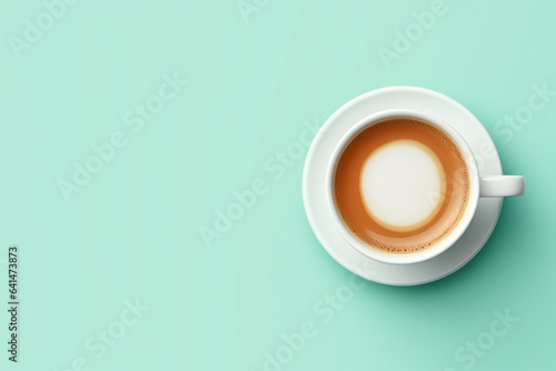 Cup of coffee on mint background top view