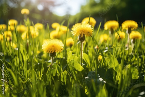 Yellow dandelions blooming in green grass
