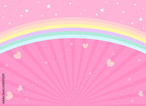 Abstract pink background with little stars and rainbow, hearts. Decoration banner themed Lol surprise doll girlish style. Invitation card template