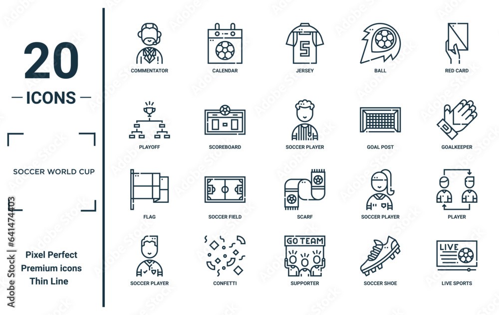 soccer world cup linear icon set. includes thin line commentator ...