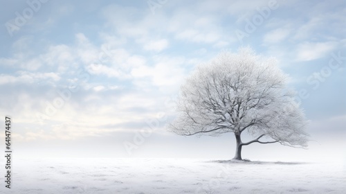 beauty of a lone tree standing tall in a white, untouched field, with snowflakes delicately resting on its branches. © pvl0707