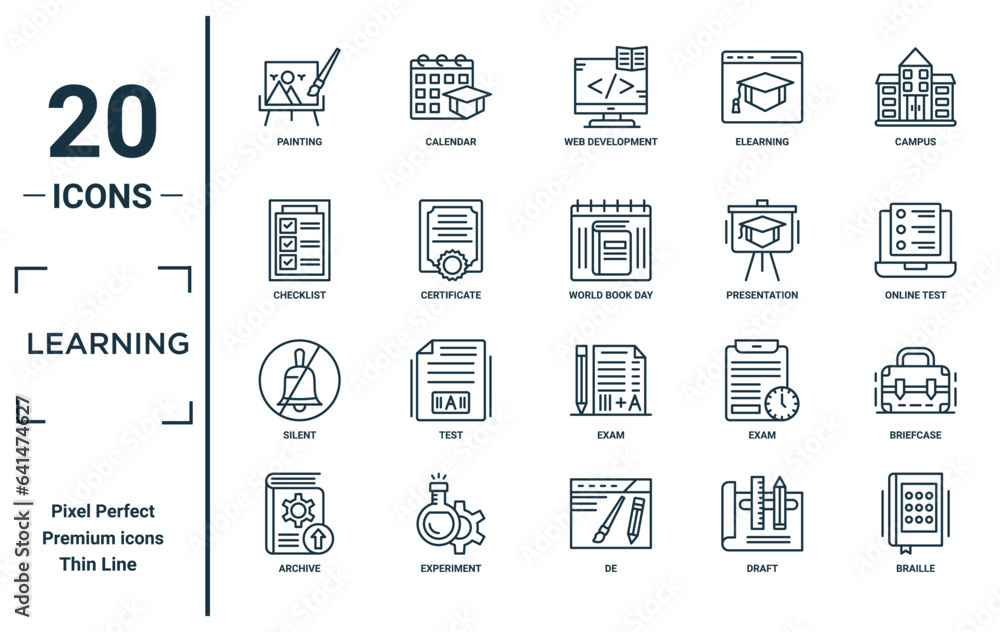 Learning Checklist Icon learning linear icon set. includes thin line painting, checklist ...