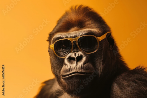 Capture the essence of the jungle with this fierce and dominant gorilla wearing sunglasses against a bold and vibrant yellow background. AI Generative.
