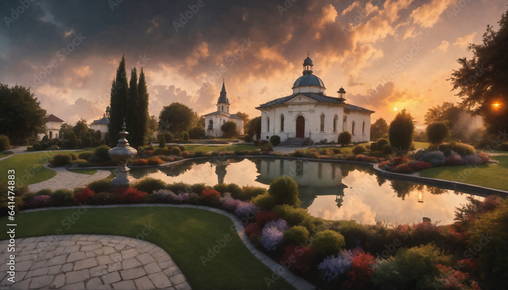 Wysokiej jakości (prawie 12k) grafika w stylu malartwa farbami olejnymi. Na obrazach widoczny park ze świątynią o zachodzie słońca.