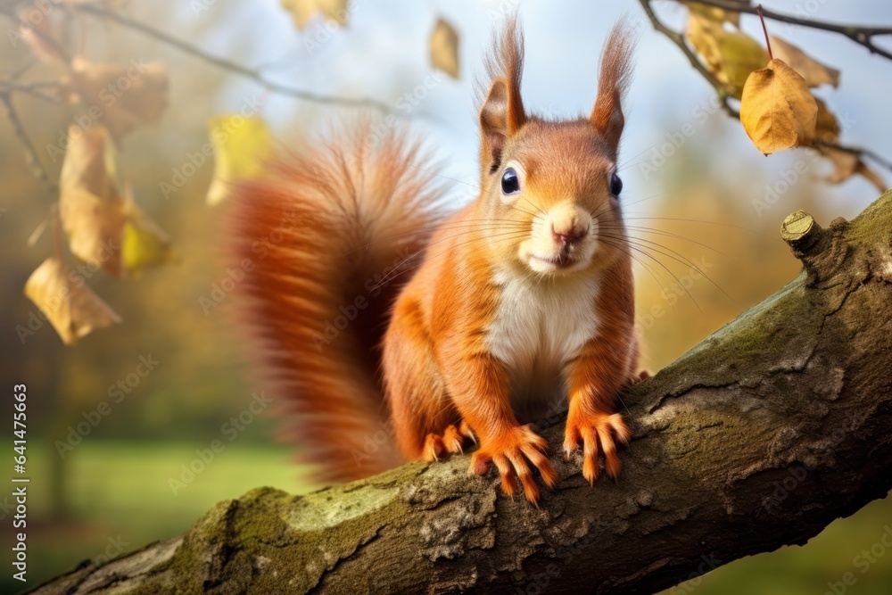 Squirrel with fluffy tail, perched on tree branch, furry creature in the wild. Squirrel with fluffy tail, perched on tree branch, furry creature in the wild.