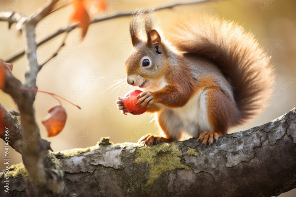 Obraz premium Adorable squirrel feasting on branch.