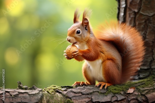 Small squirrel nibbling nut outdoors.