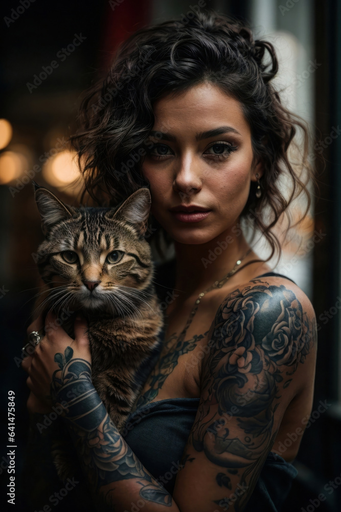 Portrait of a beautiful young woman with tattoos holding a cat in her arms with love