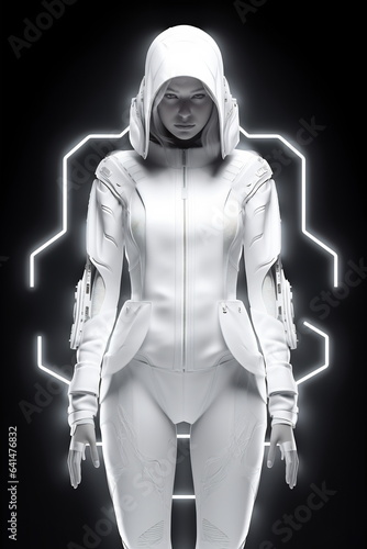 Girl in white futuristic clothes. Digital Technology. Artificial intelligence