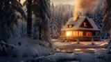 cabin nestled in a snowy forest, smoke gently rising from the chimney, as warm lights twinkle through frost-covered windows.