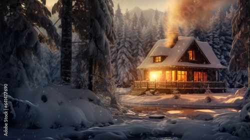 cabin nestled in a snowy forest  smoke gently rising from the chimney  as warm lights twinkle through frost-covered windows.