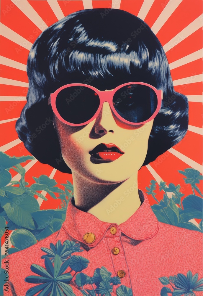 50s / 60s retro girl with black hair and a blob haircut, and trendy summer sunglasses, in a tropical setting, in a screenprint style poster artwork 50s / 60s retro girl with black hair and a blob haircut, and trendy summer sunglasses, in a tropical setting, in a screenprint style poster artwork
