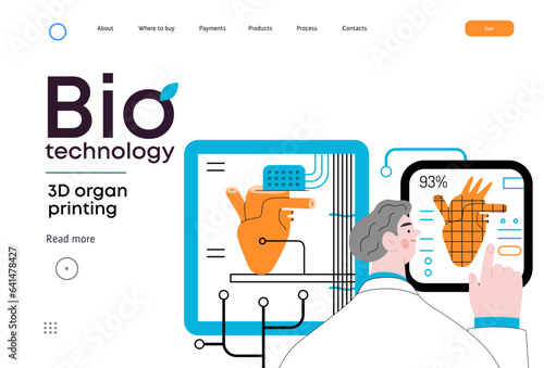 Bio Technology, 3D organ printing -modern flat vector concept illustration of 3D printer creating a human heart. Metaphor of technology in organ transplantation and the future of regenerative medicine