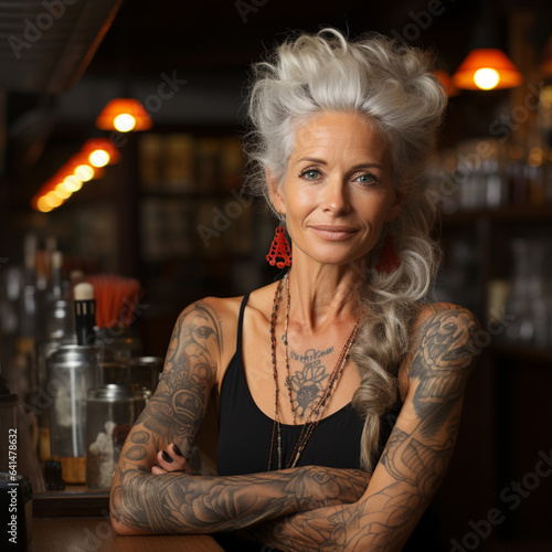 Woman with tattoos on torso at the beach and beach club, ai generated © David Brown